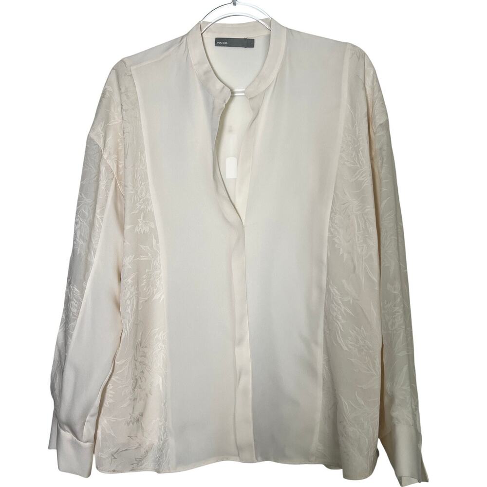 Vince Mixed Media Silk Blouse Women's Size Large Cream Long Sleeve Mixed Media